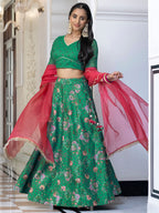 Janasya Green Georgette Digital Floral Printed Festive Lehenga Choli | Grocsy