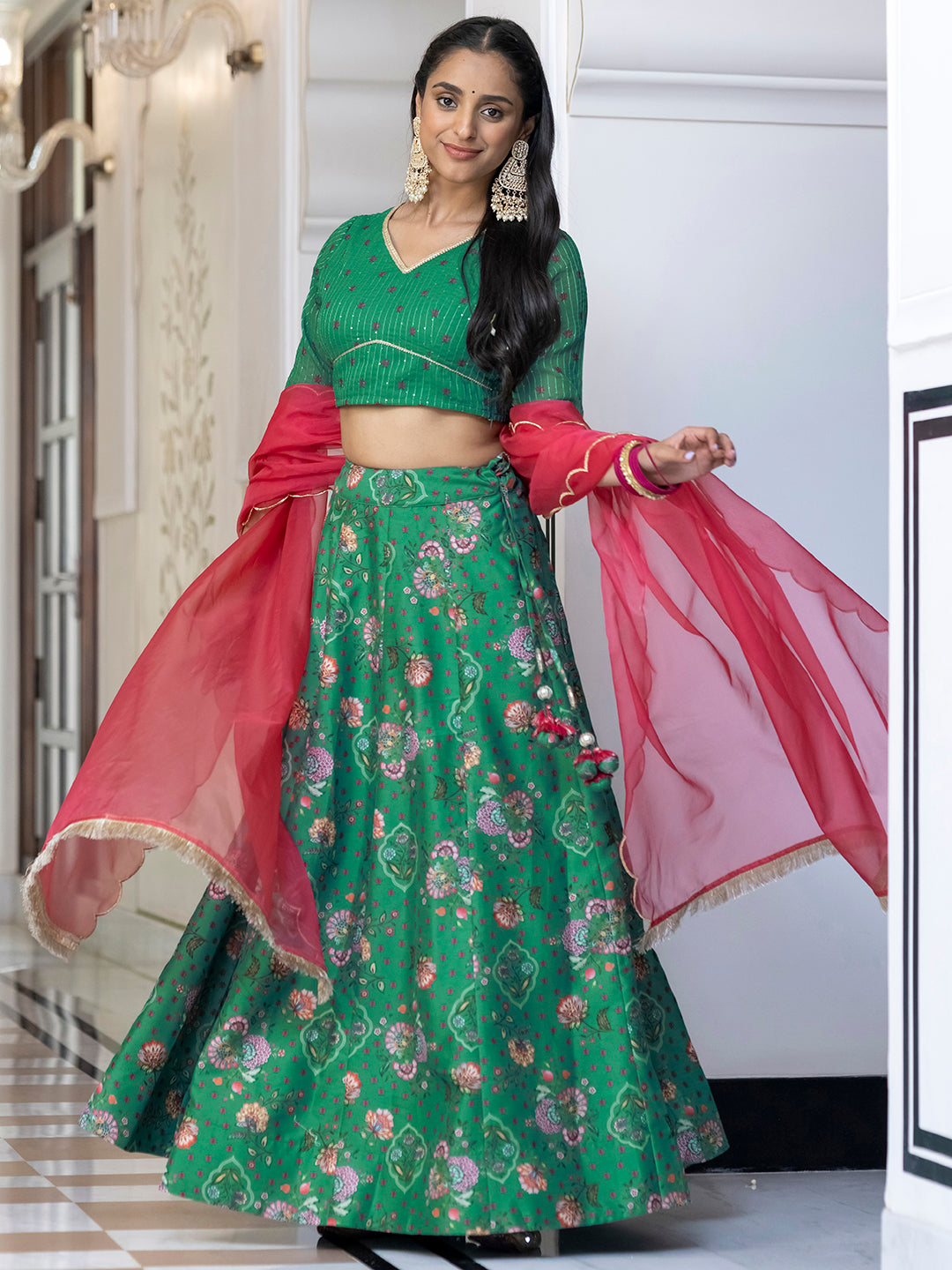 Janasya Green Georgette Digital Floral Printed Festive Lehenga Choli | Grocsy