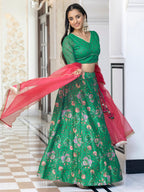 Janasya Green Georgette Digital Floral Printed Festive Lehenga Choli | Grocsy
