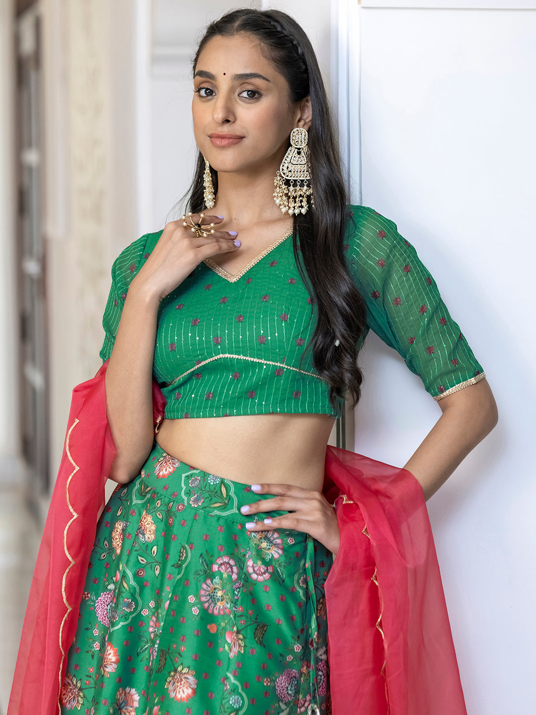 Janasya Green Georgette Digital Floral Printed Festive Lehenga Choli | Grocsy