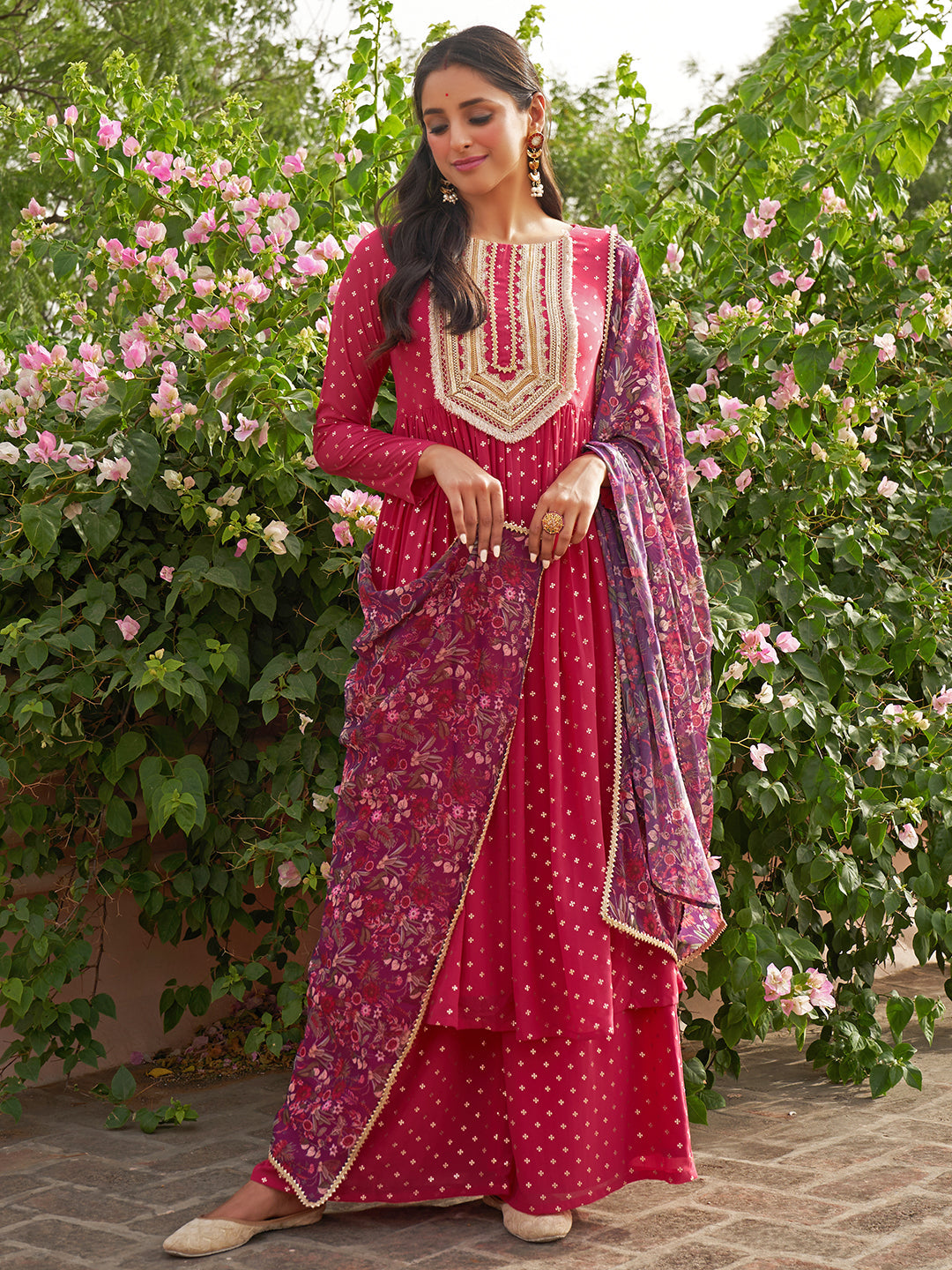 Janasya Women's Pink Georgette Foil Motif Printed Festive Gathered Kurta Set | Grocsy