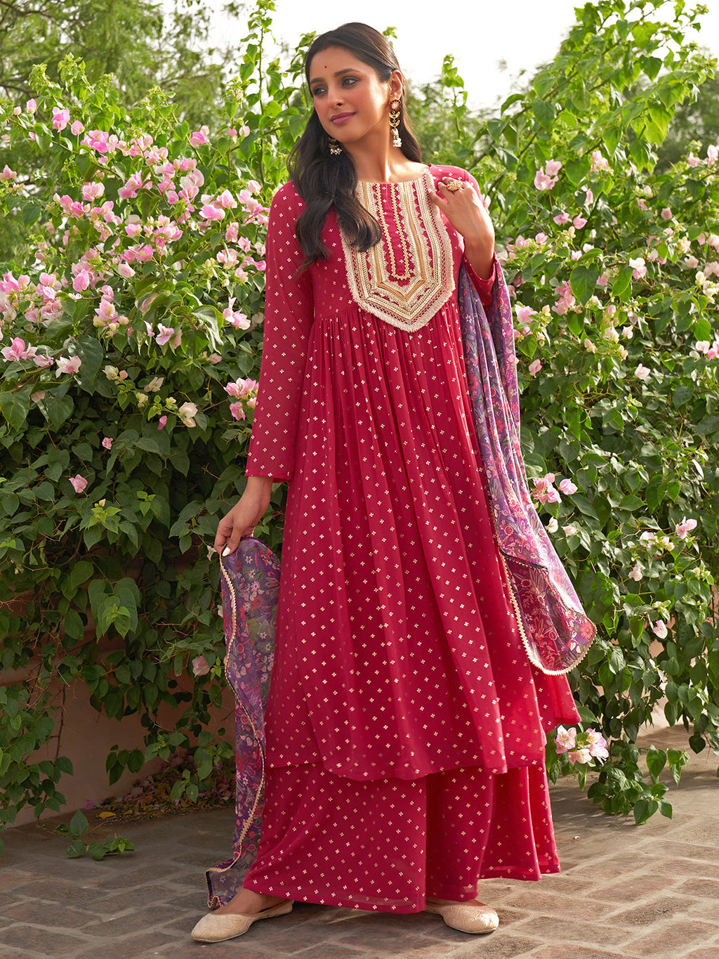 Janasya Women's Pink Georgette Foil Motif Printed Festive Gathered Kurta Set | Grocsy