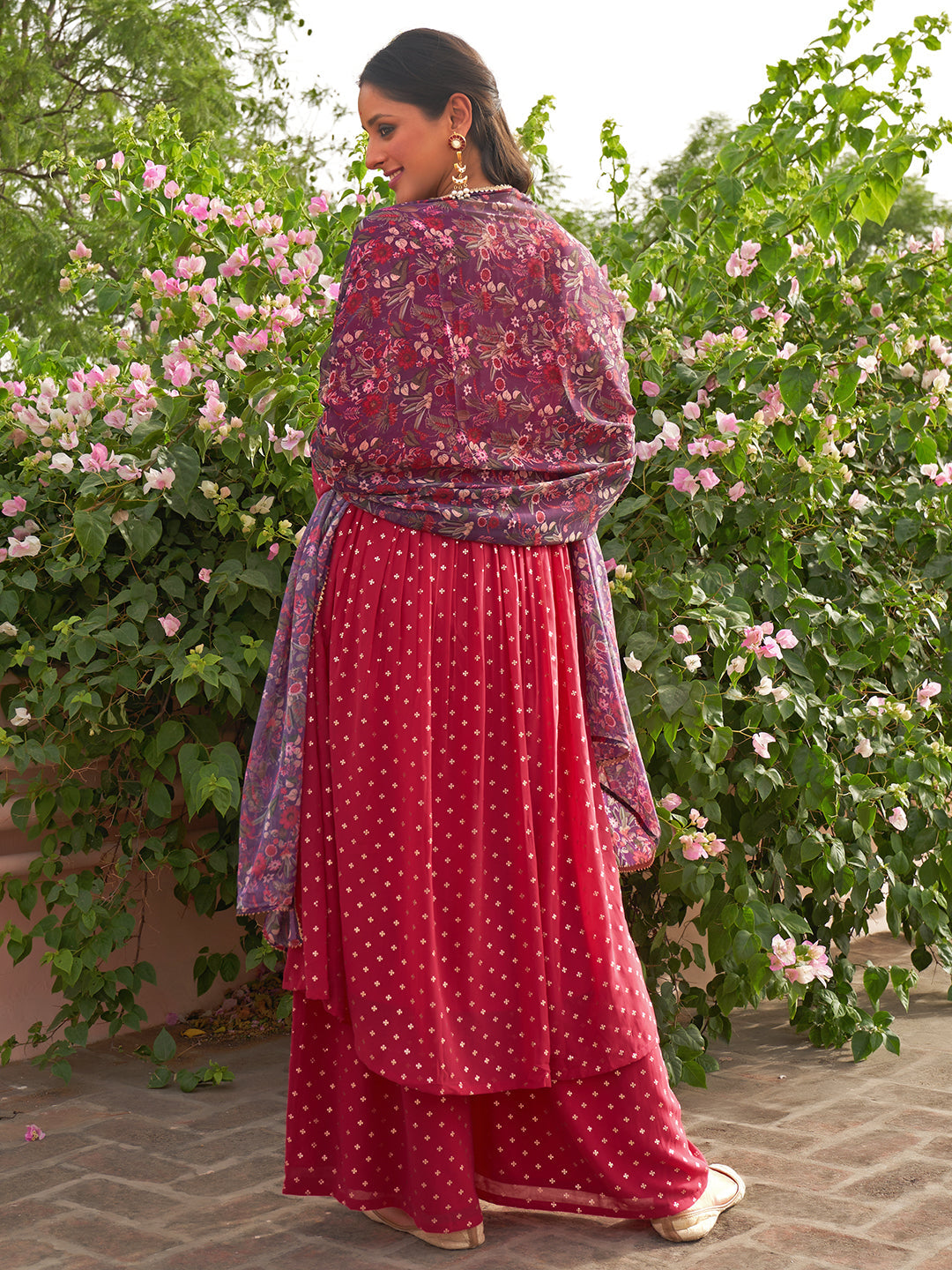 Janasya Women's Pink Georgette Foil Motif Printed Festive Gathered Kurta Set | Grocsy