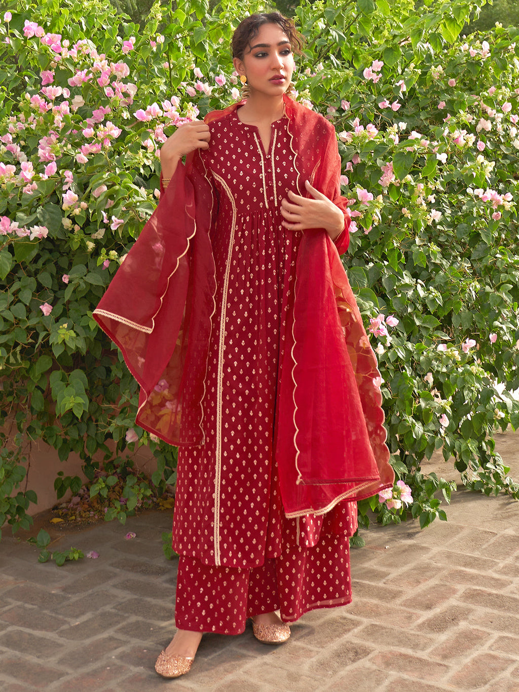 Janasya Women's Maroon Georgette Foil Motif Printed Festive A-line Kurta Set | Grocsy