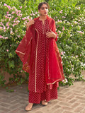 Janasya Women's Maroon Georgette Foil Motif Printed Festive A-line Kurta Set | Grocsy