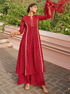 Janasya Women's Maroon Georgette Foil Motif Printed Festive A-line Kurta Set | Grocsy