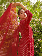 Janasya Women's Maroon Georgette Foil Motif Printed Festive A-line Kurta Set | Grocsy