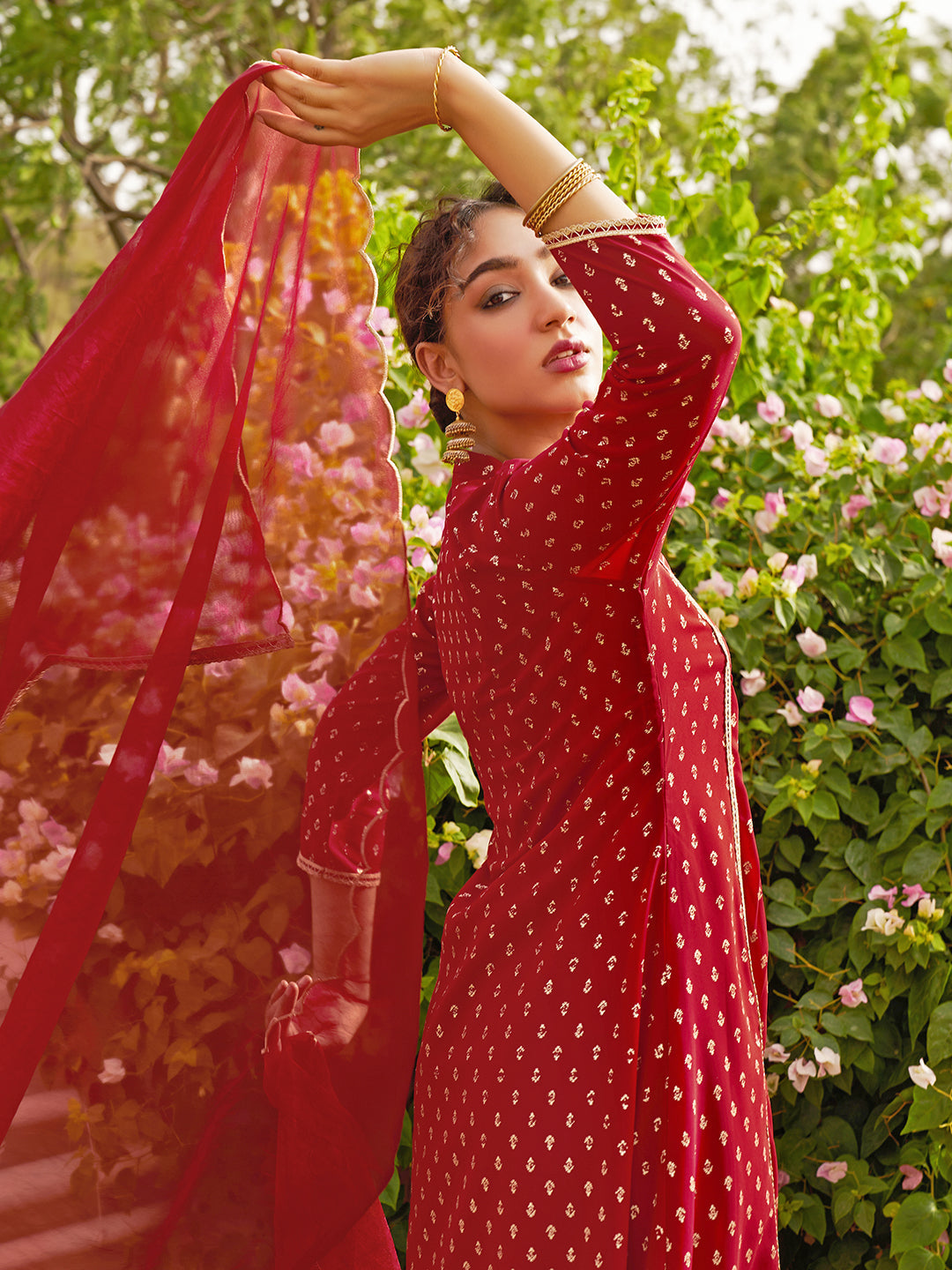 Janasya Women's Maroon Georgette Foil Motif Printed Festive A-line Kurta Set | Grocsy