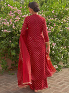 Janasya Women's Maroon Georgette Foil Motif Printed Festive A-line Kurta Set | Grocsy
