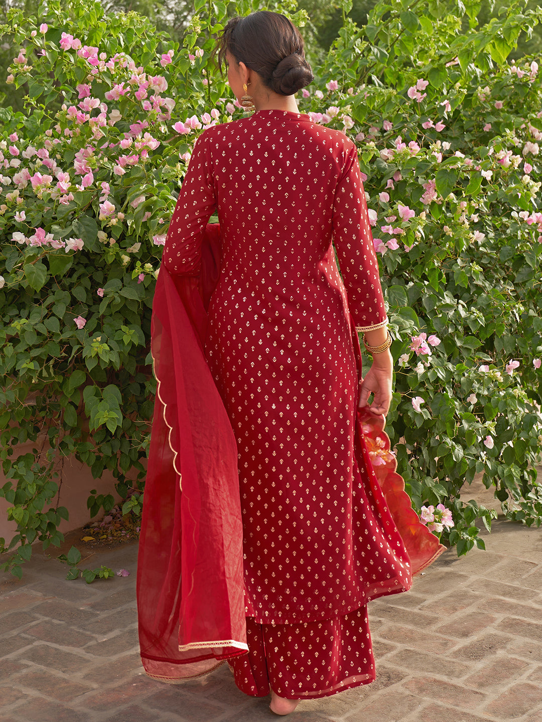 Janasya Women's Maroon Georgette Foil Motif Printed Festive A-line Kurta Set | Grocsy
