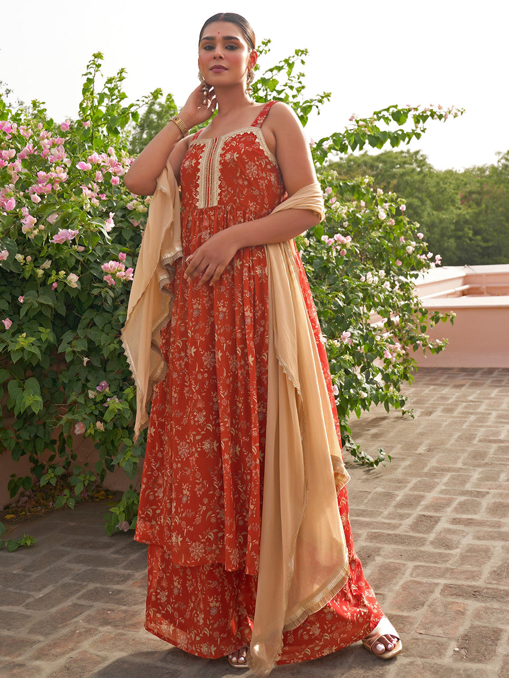 Janasya Women's Red Georgette Embellished Festive A-line Kurta Set | Grocsy