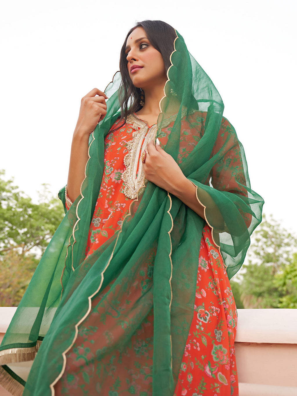 Janasya Women's Orange Georgette Botanical Printed Festive A-line Kurta Set | Grocsy