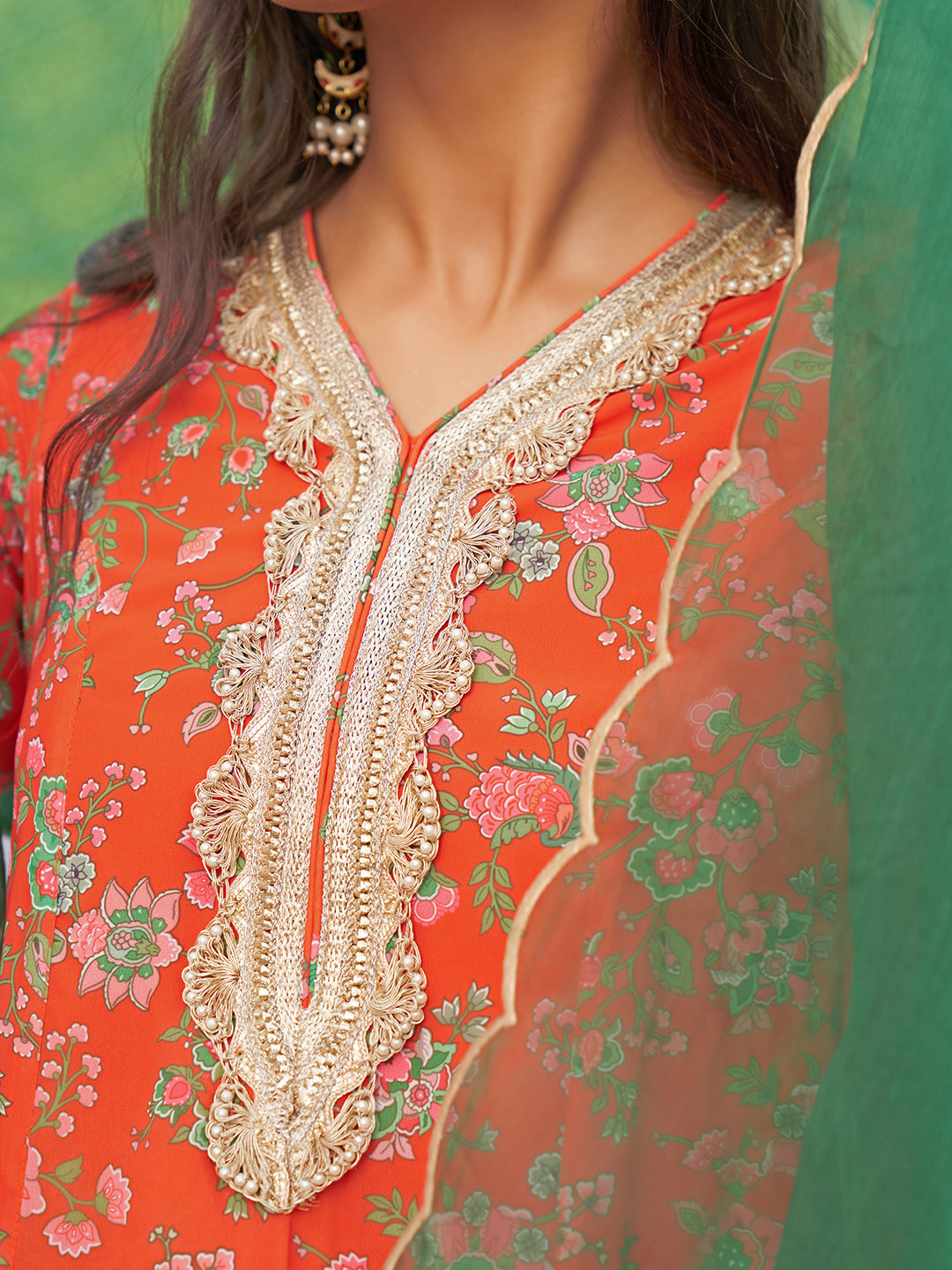 Janasya Women's Orange Georgette Botanical Printed Festive A-line Kurta Set | Grocsy