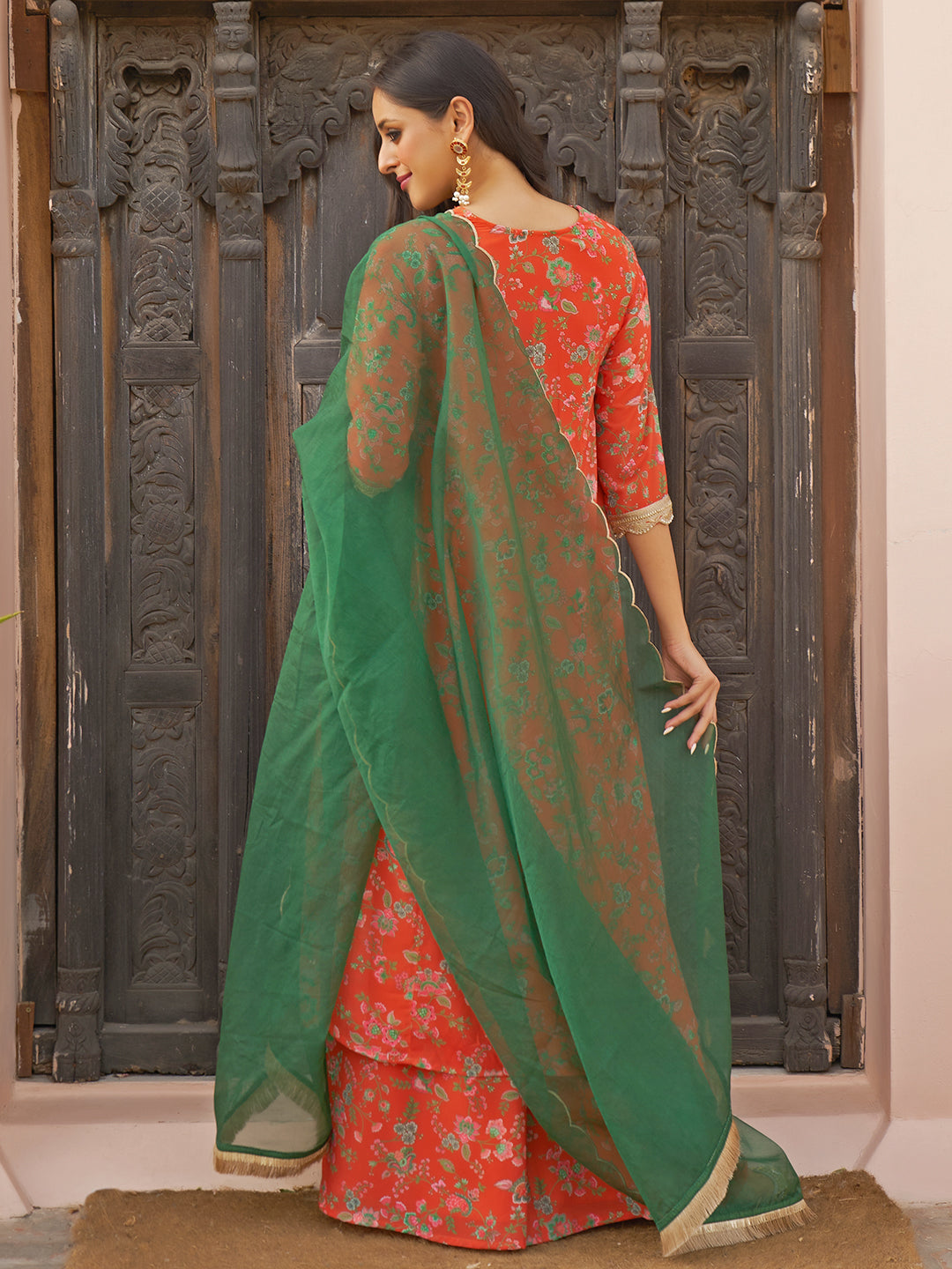 Janasya Women's Orange Georgette Botanical Printed Festive A-line Kurta Set | Grocsy