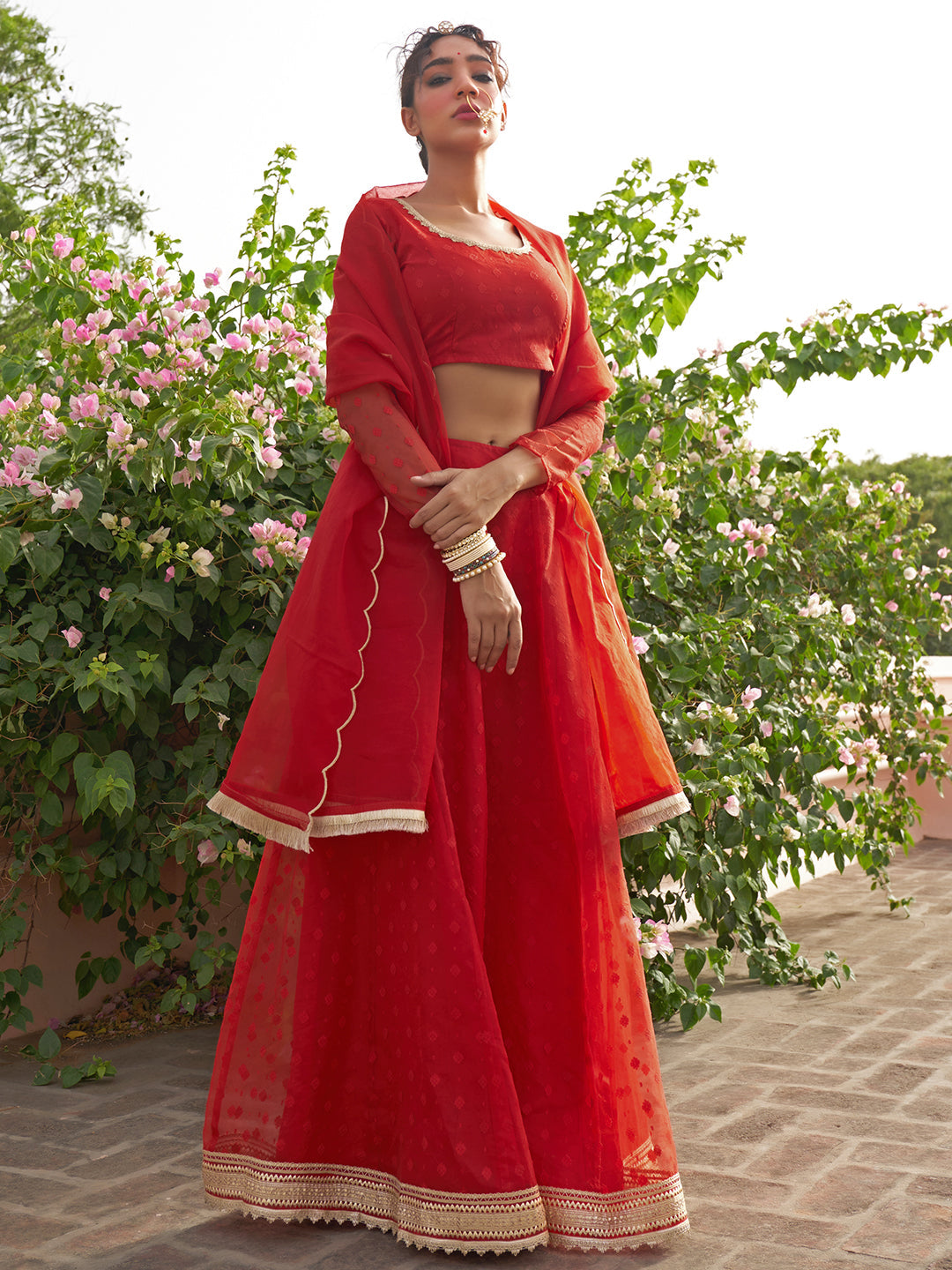 Janasya Red Organza Woven Design Festive Lehenga Choli | Grocsy