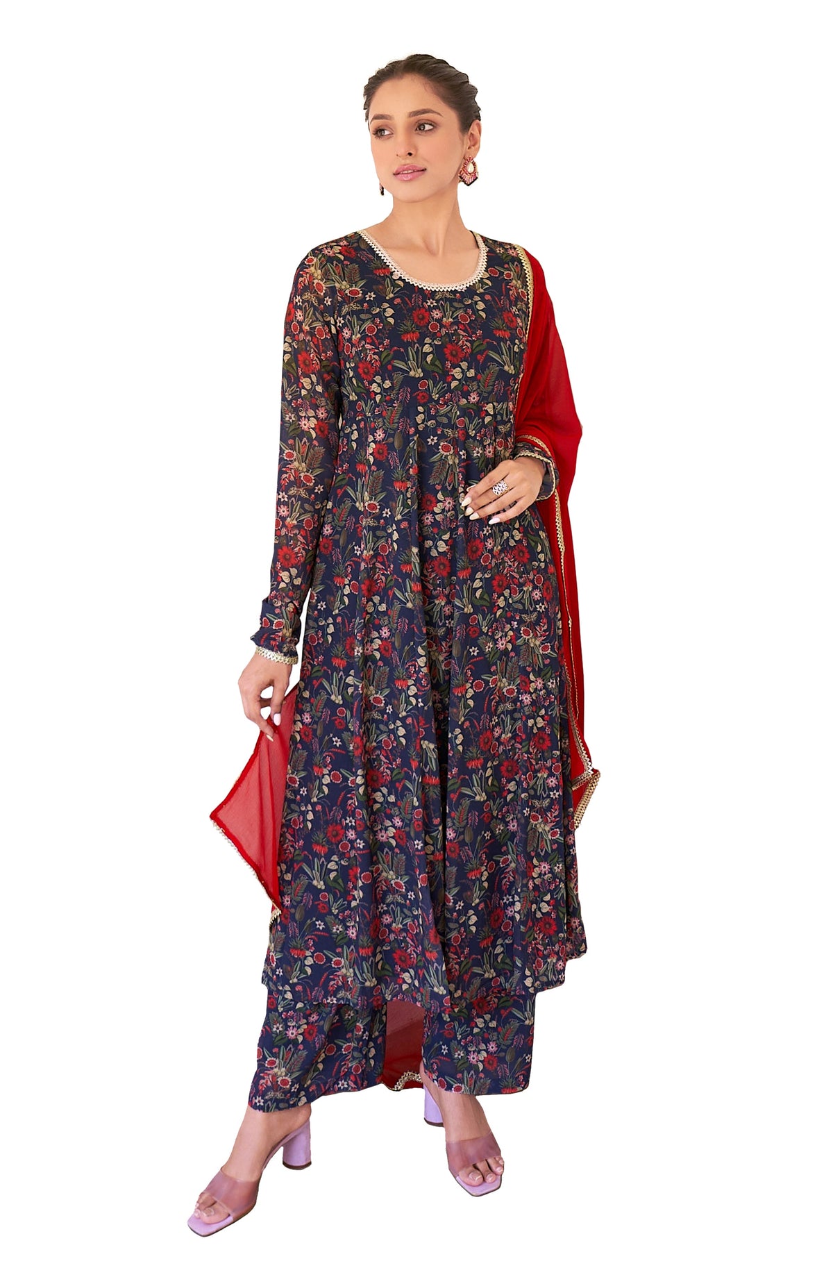 Janasya Dark Teal Blue Georgette Digital Floral Printed Set | Grocsy