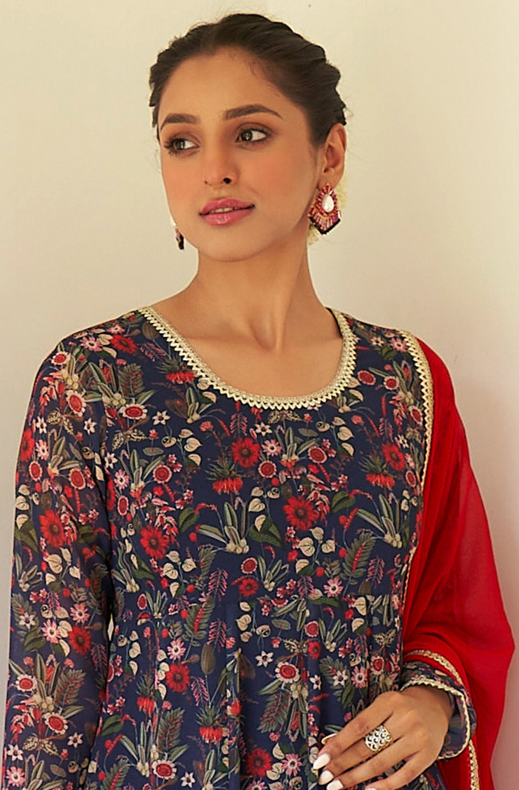 Janasya Dark Teal Blue Georgette Digital Floral Printed Set | Grocsy