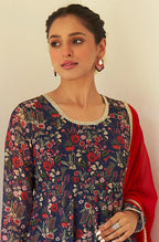 Janasya Dark Teal Blue Georgette Digital Floral Printed Set | Grocsy