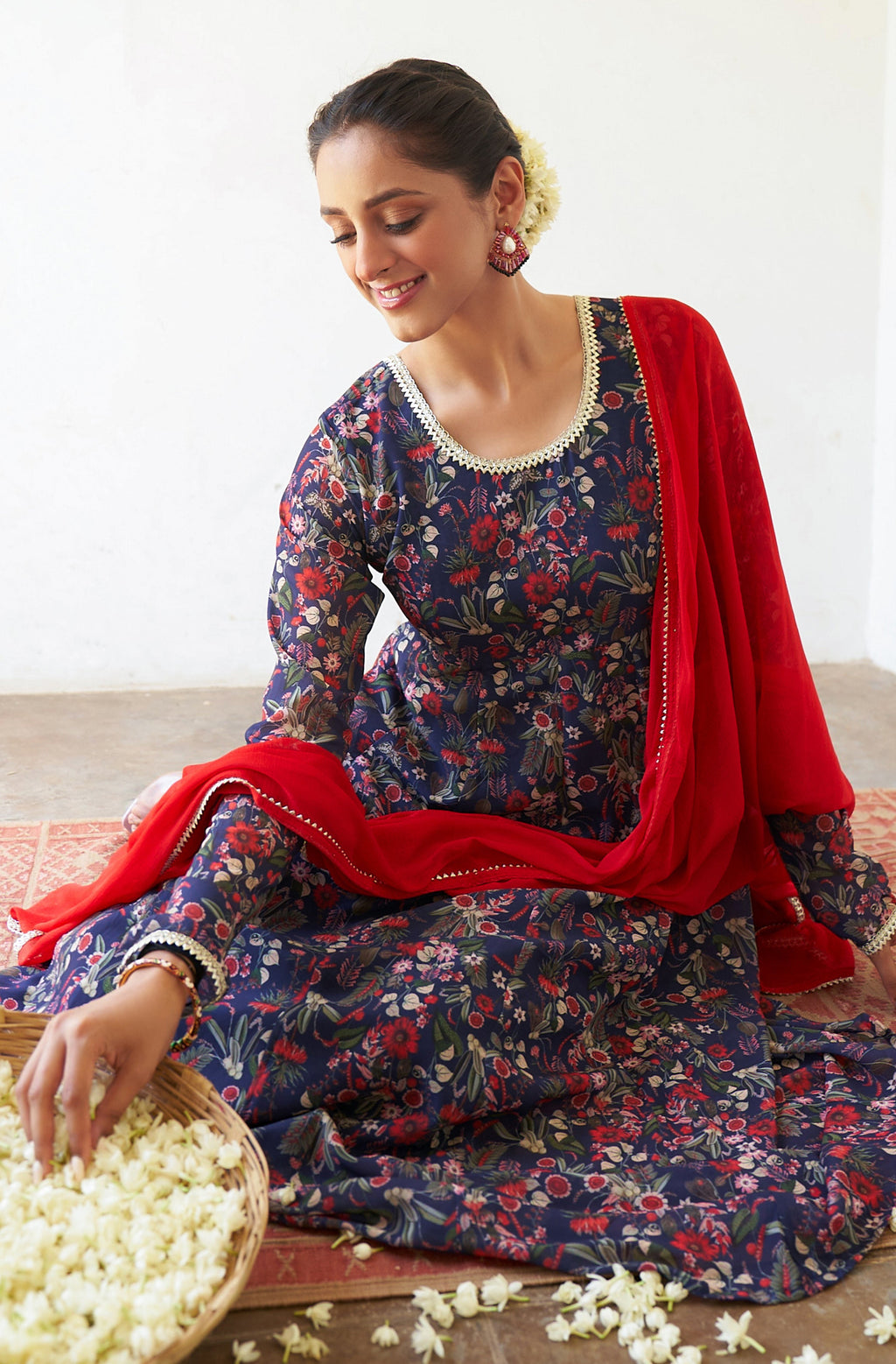 Janasya Dark Teal Blue Georgette Digital Floral Printed Set | Grocsy