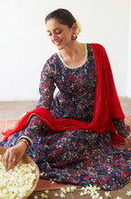 Janasya Dark Teal Blue Georgette Digital Floral Printed Set | Grocsy