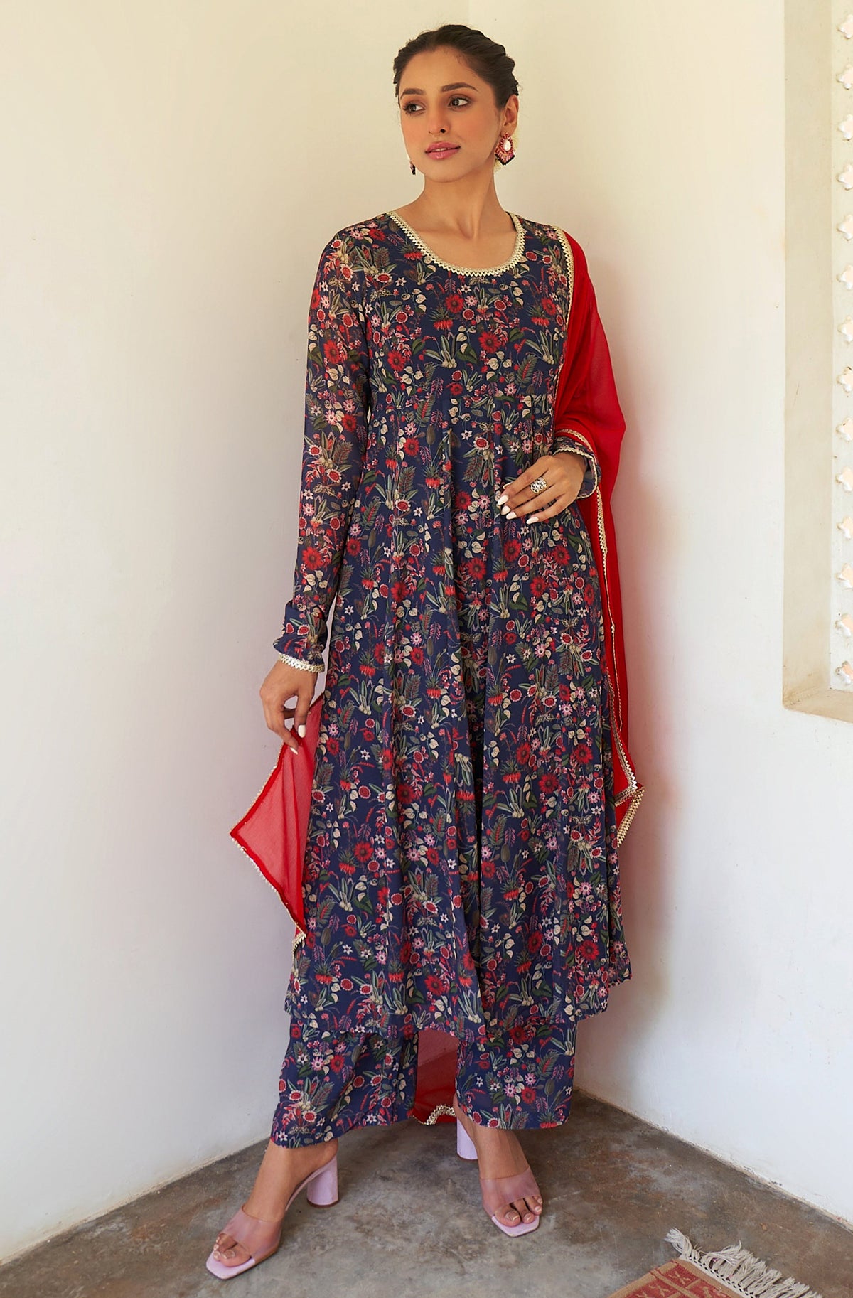 Janasya Dark Teal Blue Georgette Digital Floral Printed Set | Grocsy