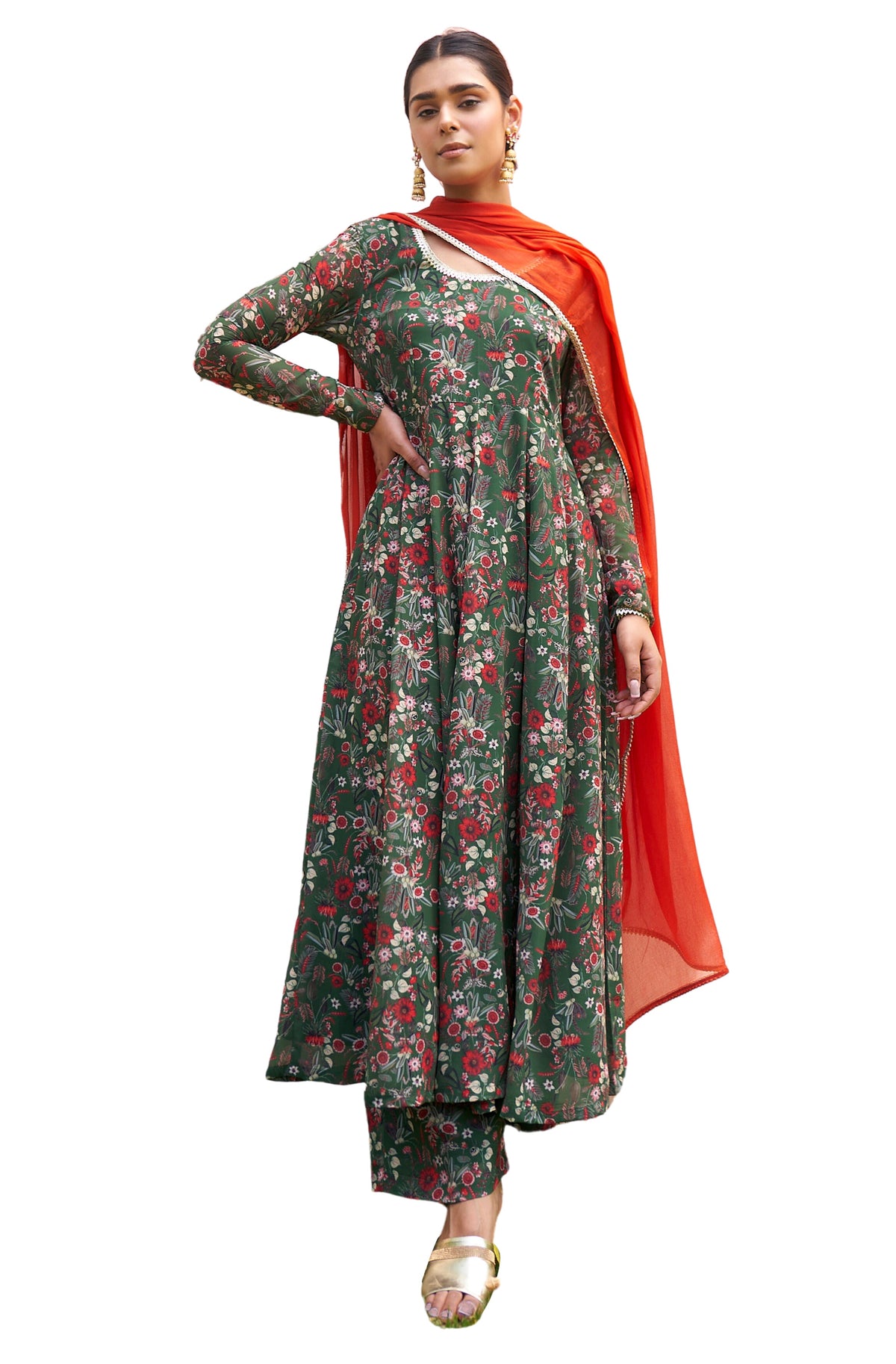 Janasya Bottle Green Georgette Digital Floral Printed Set | Grocsy