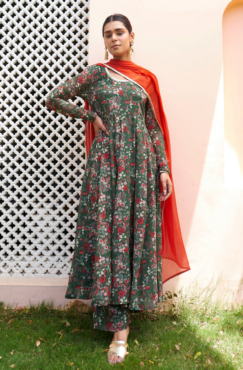 Janasya Bottle Green Georgette Digital Floral Printed Set | Grocsy
