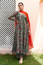 Janasya Bottle Green Georgette Digital Floral Printed Set | Grocsy
