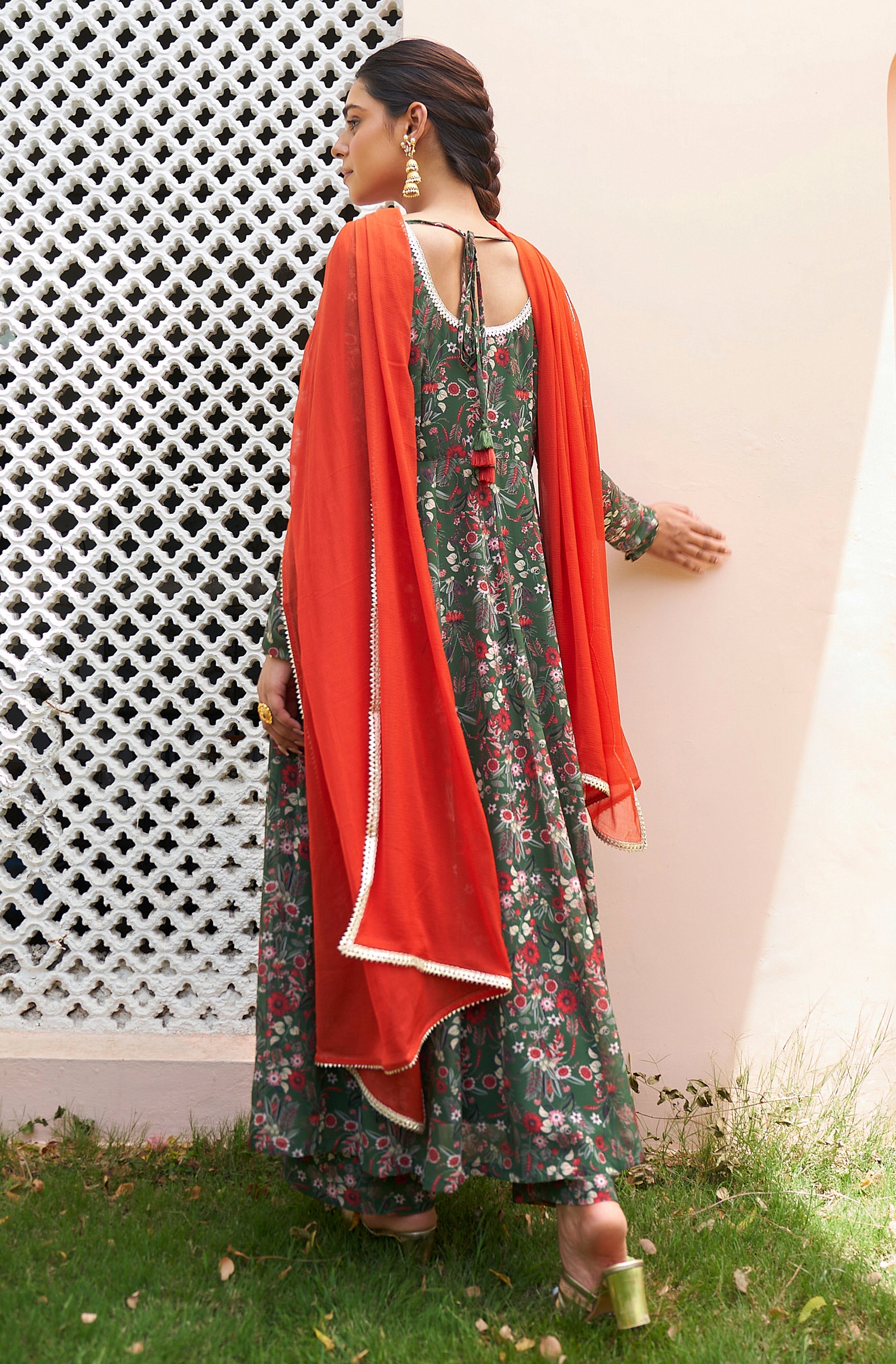 Janasya Bottle Green Georgette Digital Floral Printed Set | Grocsy