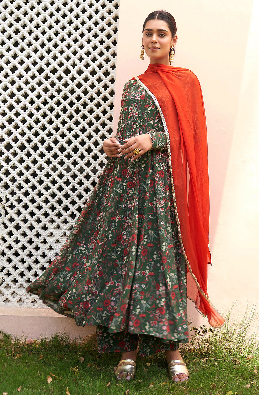 Janasya Bottle Green Georgette Digital Floral Printed Set | Grocsy