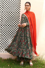 Janasya Bottle Green Georgette Digital Floral Printed Set | Grocsy