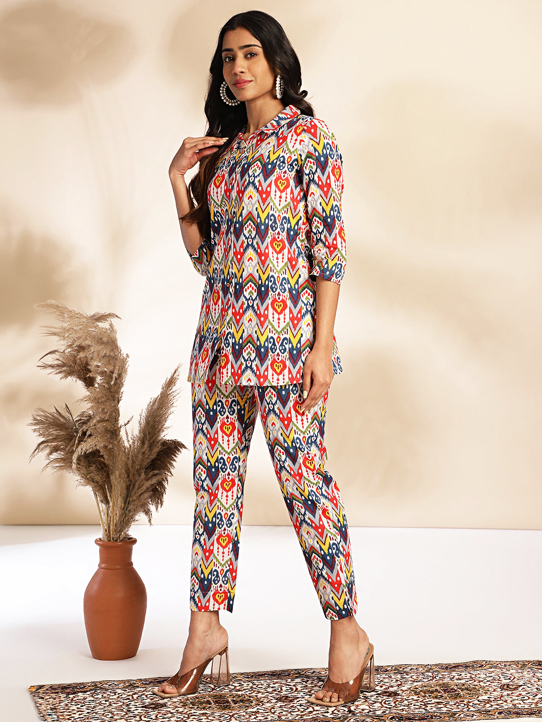 Janasya Multicolor Cotton Ikat Printed Set | Grocsy