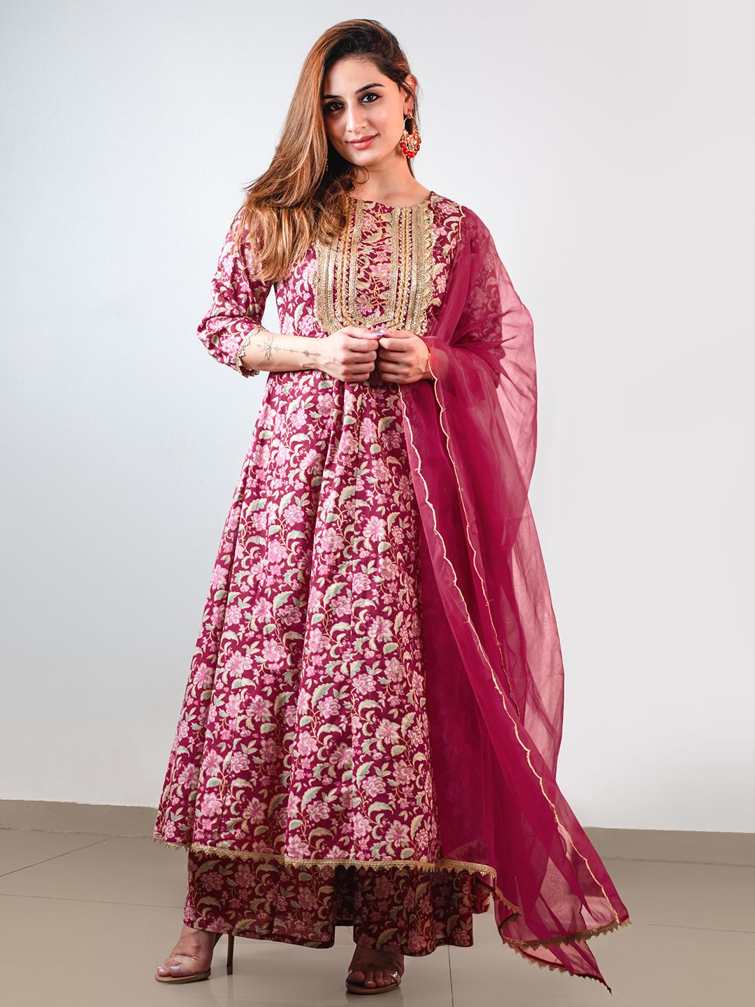Janasya Pink Cotton Foil Floral Printed Set | Grocsy