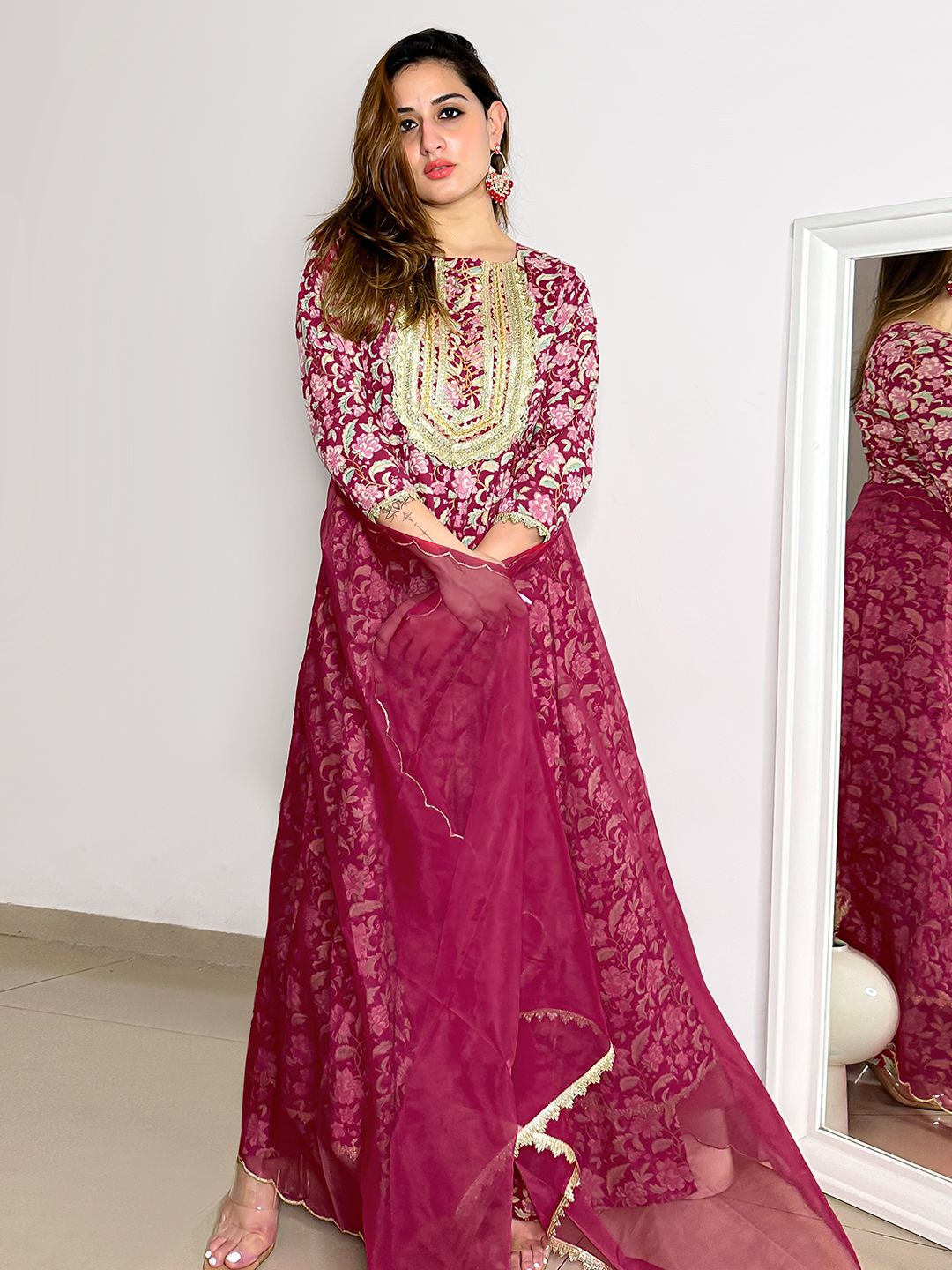 Janasya Pink Cotton Foil Floral Printed Set | Grocsy