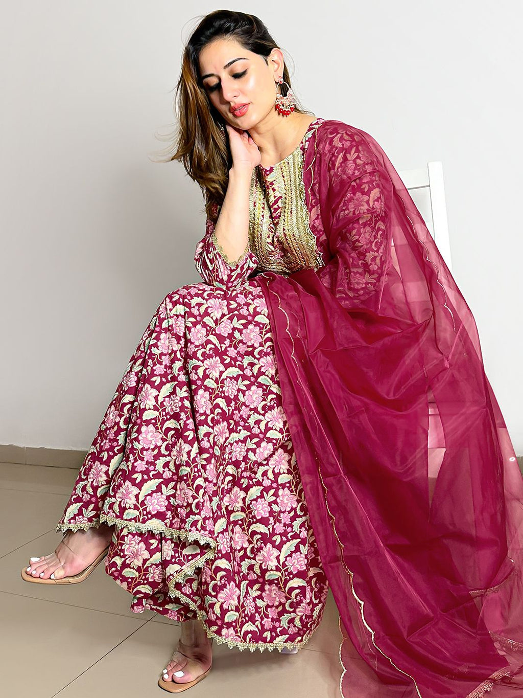 Janasya Pink Cotton Foil Floral Printed Set | Grocsy