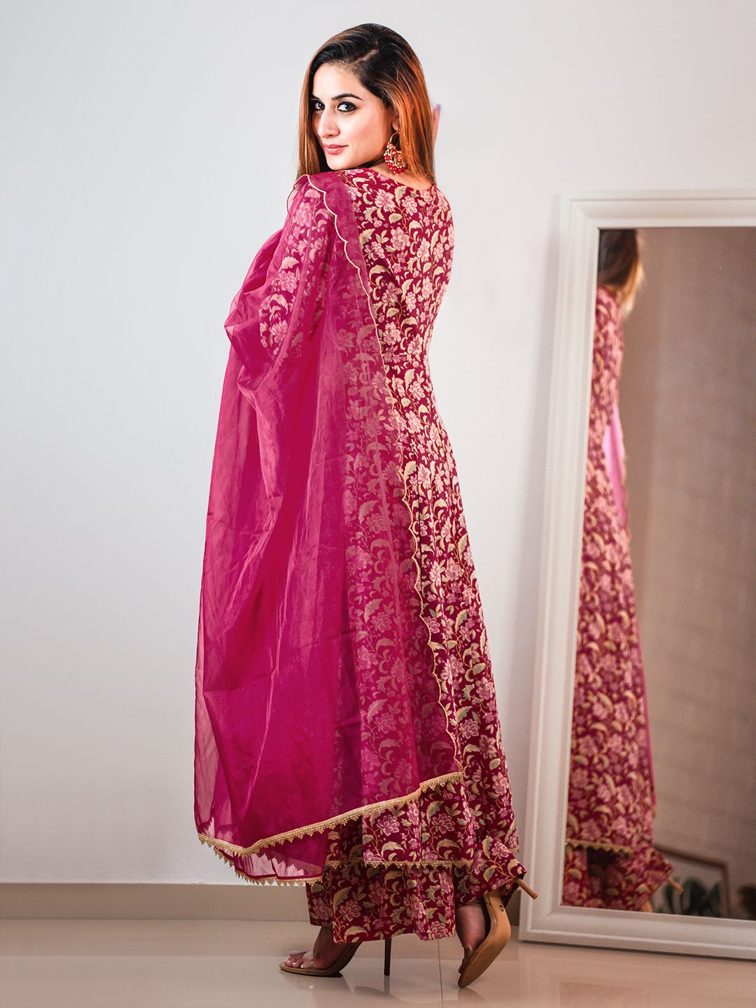 Janasya Pink Cotton Foil Floral Printed Set | Grocsy