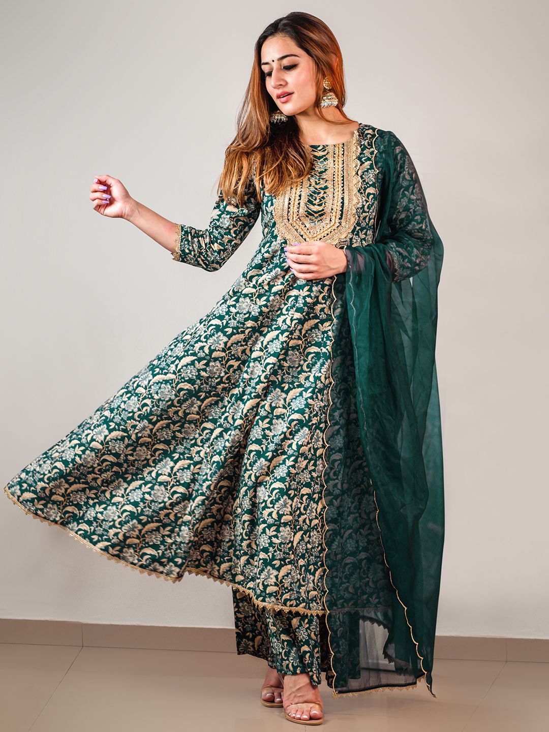 Janasya Teal Cotton Foil Floral Printed Set | Grocsy