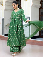 Janasya Women's Green Brocade Woven Design Festive Angrakha Kurta Set | Grocsy