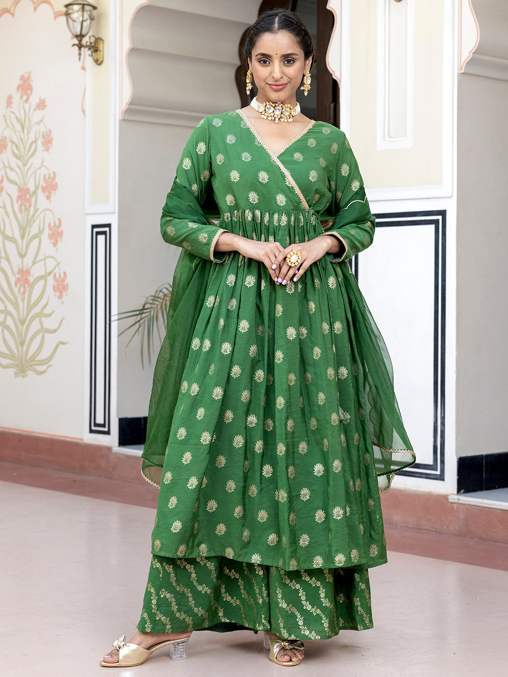 Janasya Women's Green Brocade Woven Design Festive Angrakha Kurta Set | Grocsy