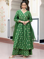 Janasya Women's Green Brocade Woven Design Festive Angrakha Kurta Set | Grocsy