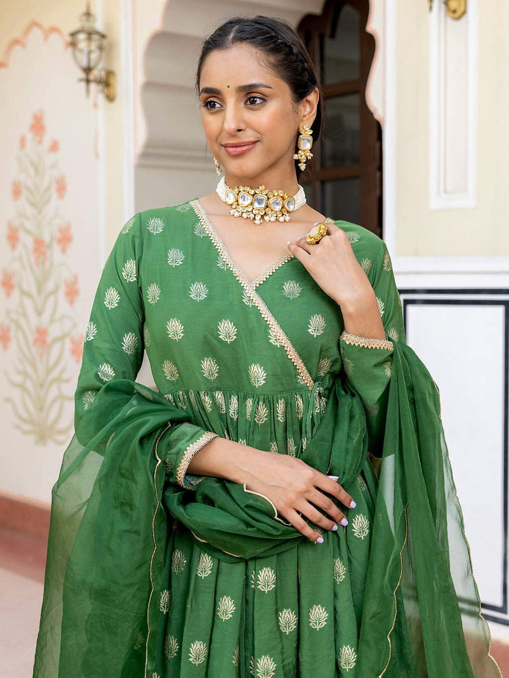 Janasya Women's Green Brocade Woven Design Festive Angrakha Kurta Set | Grocsy