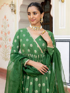 Janasya Women's Green Brocade Woven Design Festive Angrakha Kurta Set | Grocsy