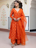 Janasya Women's Orange Brocade Woven Design Festive Angrakha Kurta Set | Grocsy