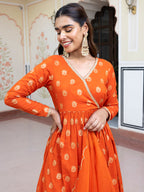 Janasya Women's Orange Brocade Woven Design Festive Angrakha Kurta Set | Grocsy