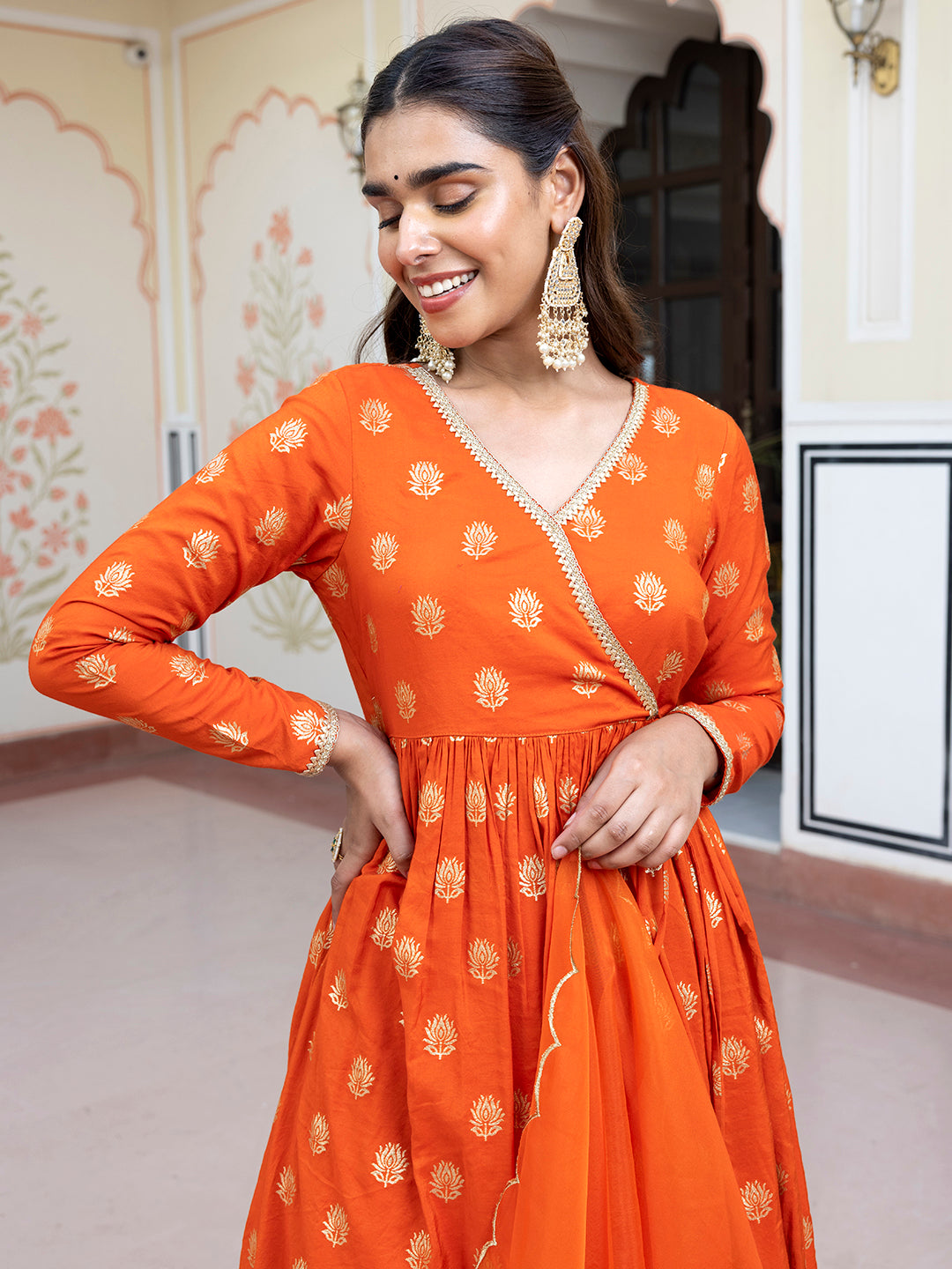 Janasya Women's Orange Brocade Woven Design Festive Angrakha Kurta Set | Grocsy