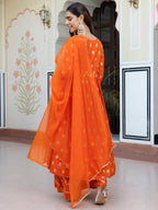 Janasya Women's Orange Brocade Woven Design Festive Angrakha Kurta Set | Grocsy