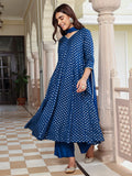 Janasya Women's Blue Brocade Woven Design Festive Anarkali Kurta Set | Grocsy