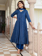 Janasya Women's Blue Brocade Woven Design Festive Anarkali Kurta Set | Grocsy