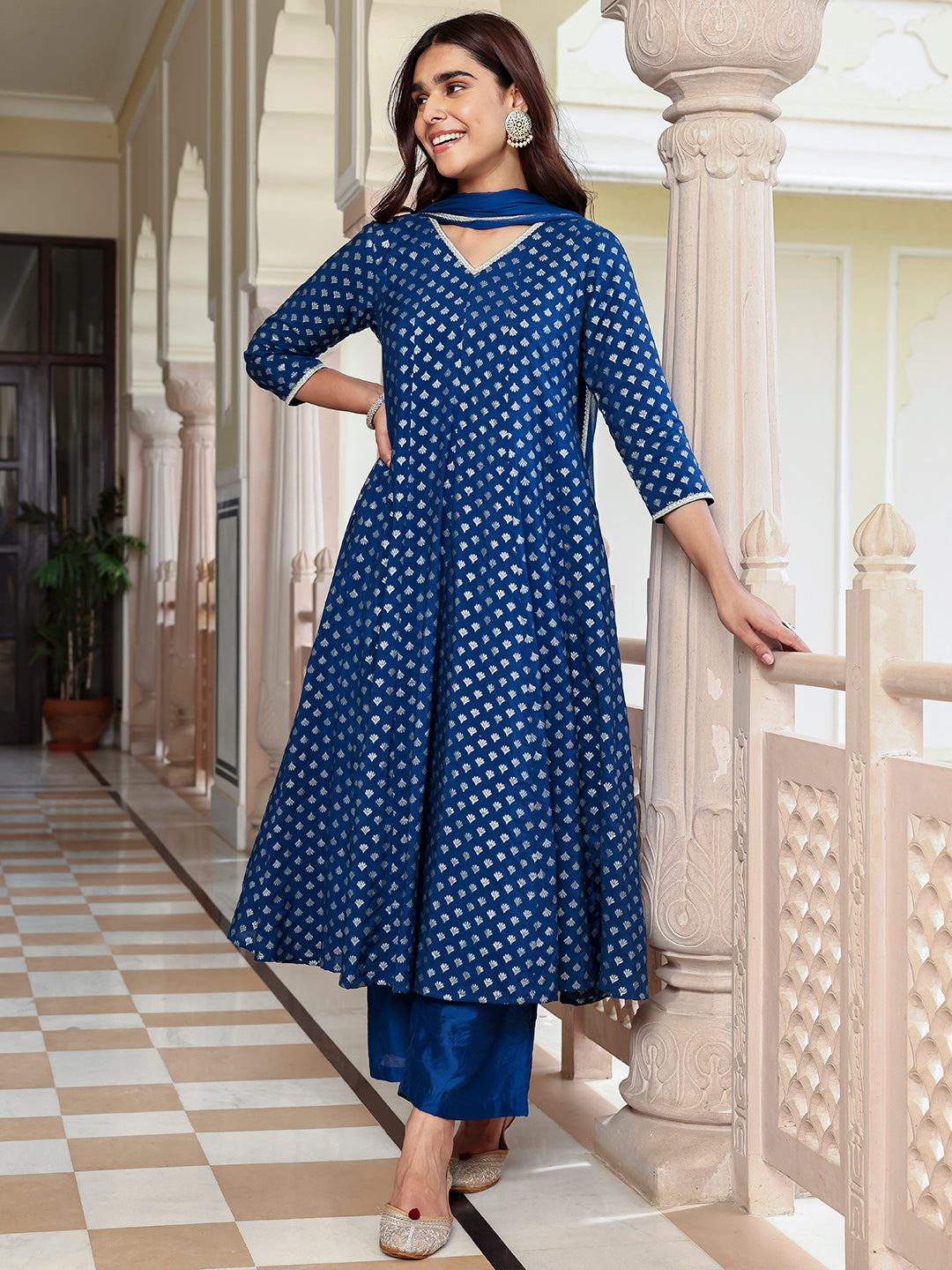 Janasya Women's Blue Brocade Woven Design Festive Anarkali Kurta Set | Grocsy