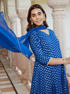 Janasya Women's Blue Brocade Woven Design Festive Anarkali Kurta Set | Grocsy